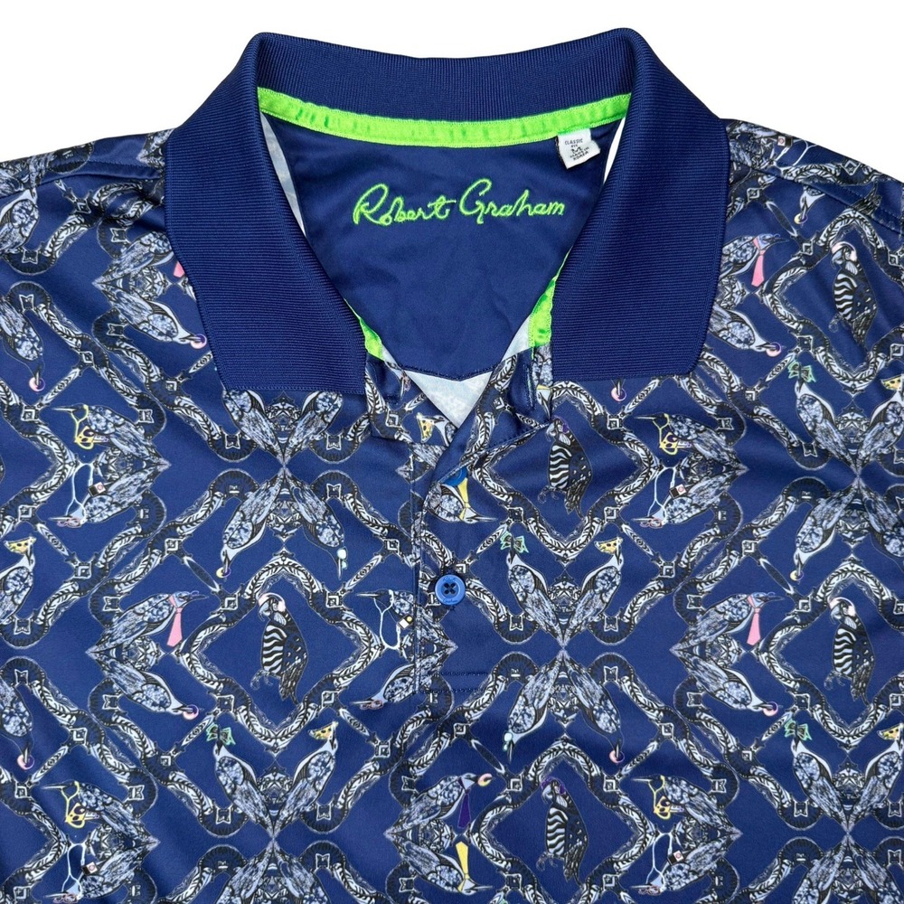 Robert Graham Polo Shirt Mens M Blue Bird Money Music Pizza‎ Golf Performance